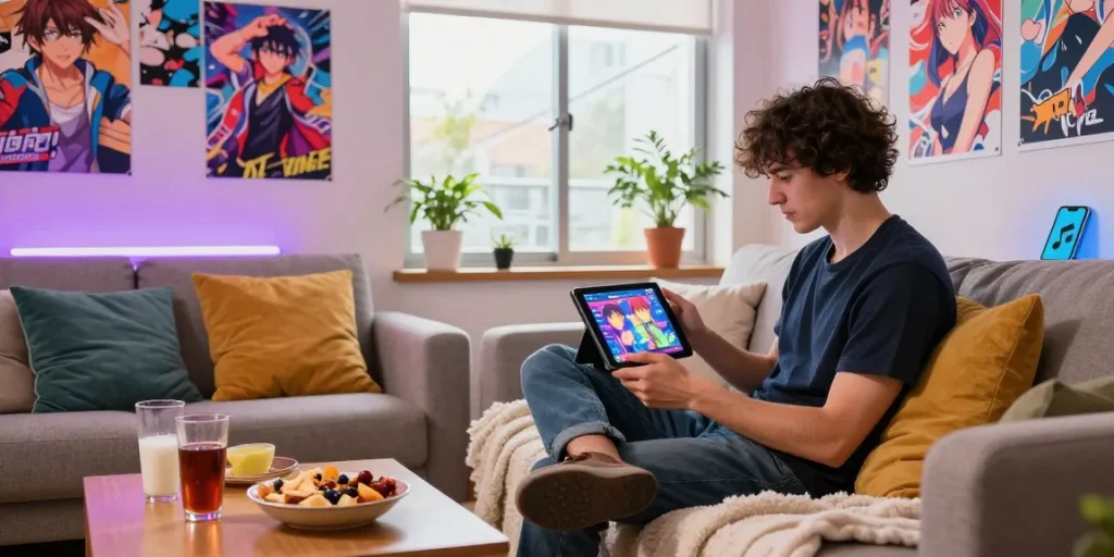 Person playing hentai ganes in a cozy gaming setup with snacks and anime decor.