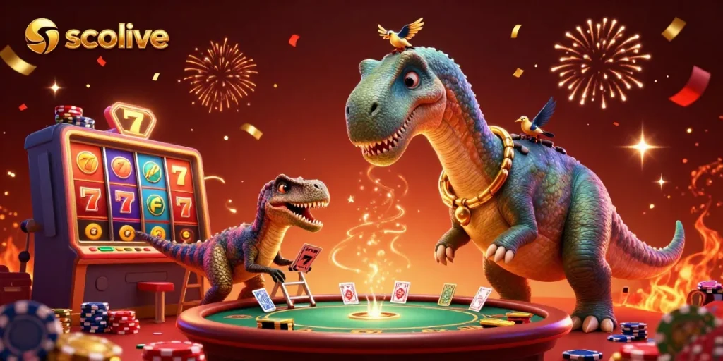 Socolive offers an engaging casino experience with vibrant scenes including a towering dinosaur in a dynamic gaming setting.