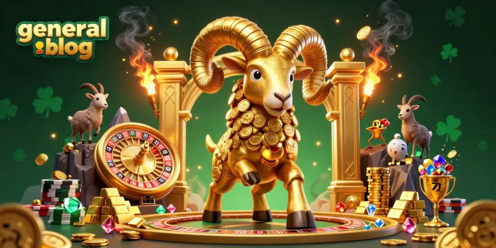 Engage with the vibrant general blog gaming scene featuring a golden ram, roulette wheel, and treasure.