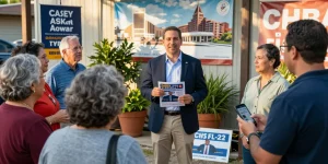 Casey Askar engaging with community members during campaign event.