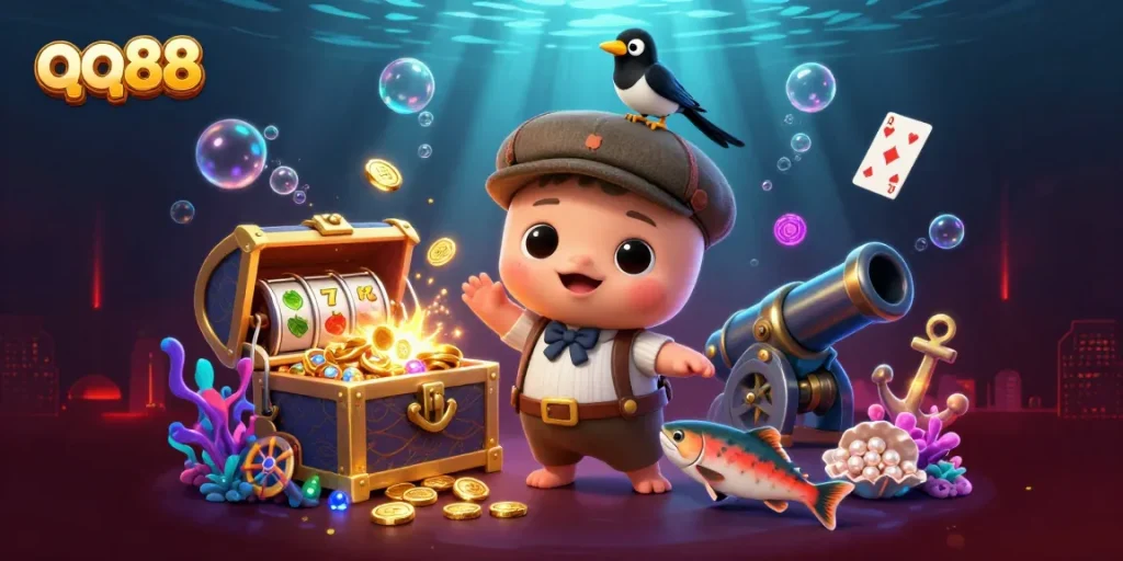 Play and win with qq88's exciting slot games featuring delightful cartoon characters in a vibrant casino scene.