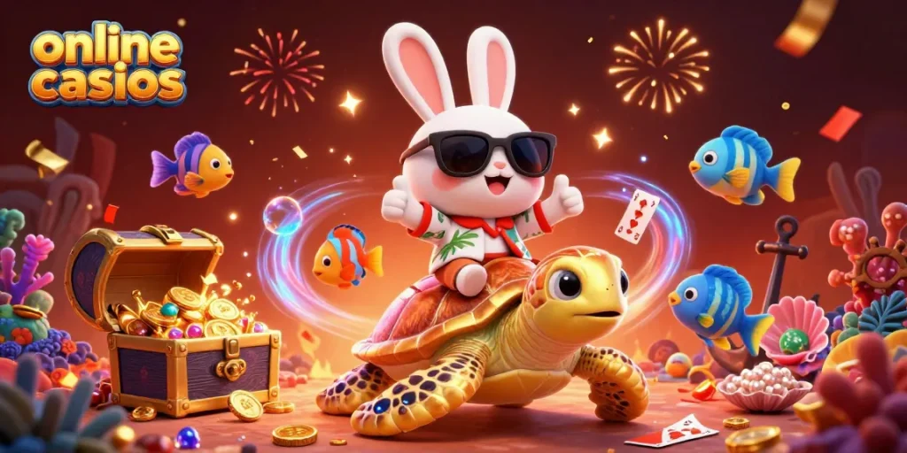 Engaging online casinos scene with a lucky rabbit and golden turtle amidst treasure and festive elements.