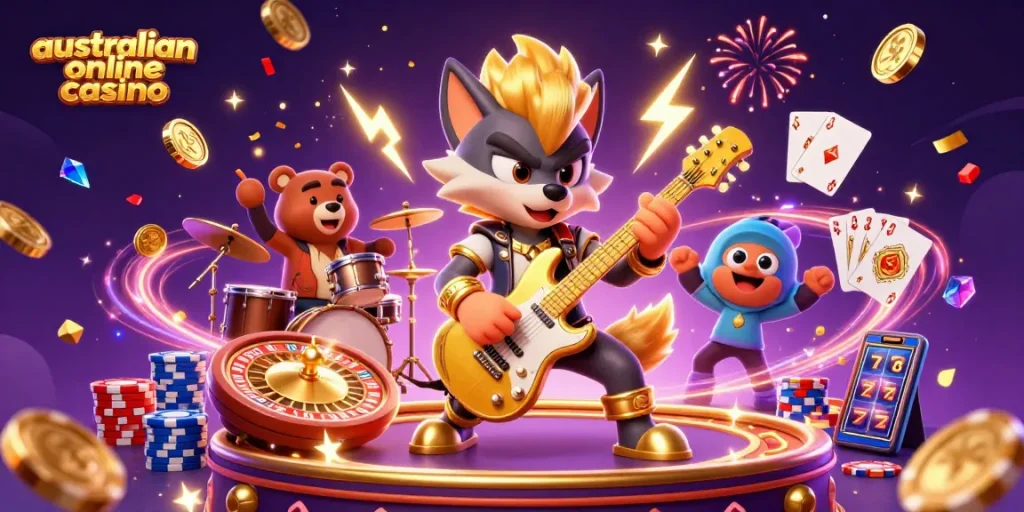 Experience a thrilling performance at an australian online casino with a rock star wolf and drummer bear.