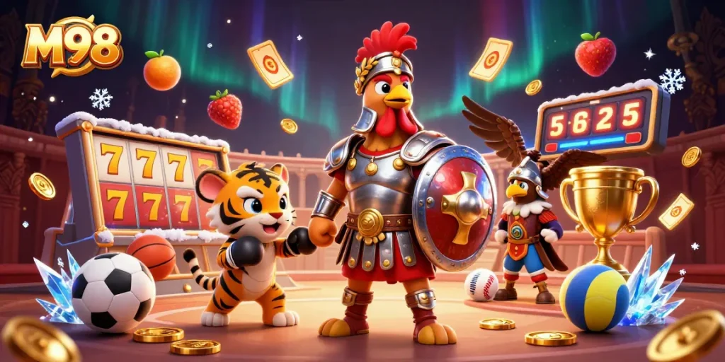 M98 promotes winning slots action with a gladiator rooster, tiger cub, and sports elements.