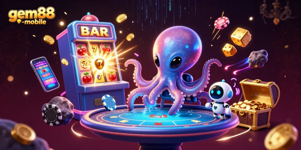 Engage in high-stakes adventures with gem88-mobile as a cartoon octopus plays poker in space.